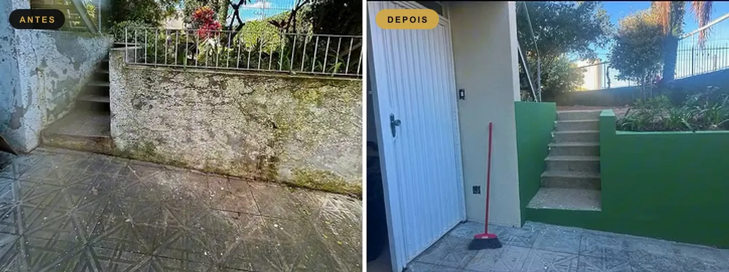 Antes e depois do muro da escada de entrada, com mofo antes e pintado de verde depois