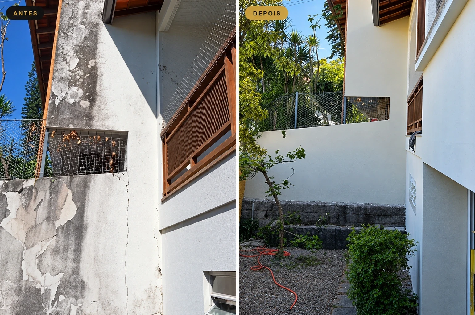 Antes e depois da pintura externa da lateral de uma casa de 2 andares na Trindade, Florianópolis
