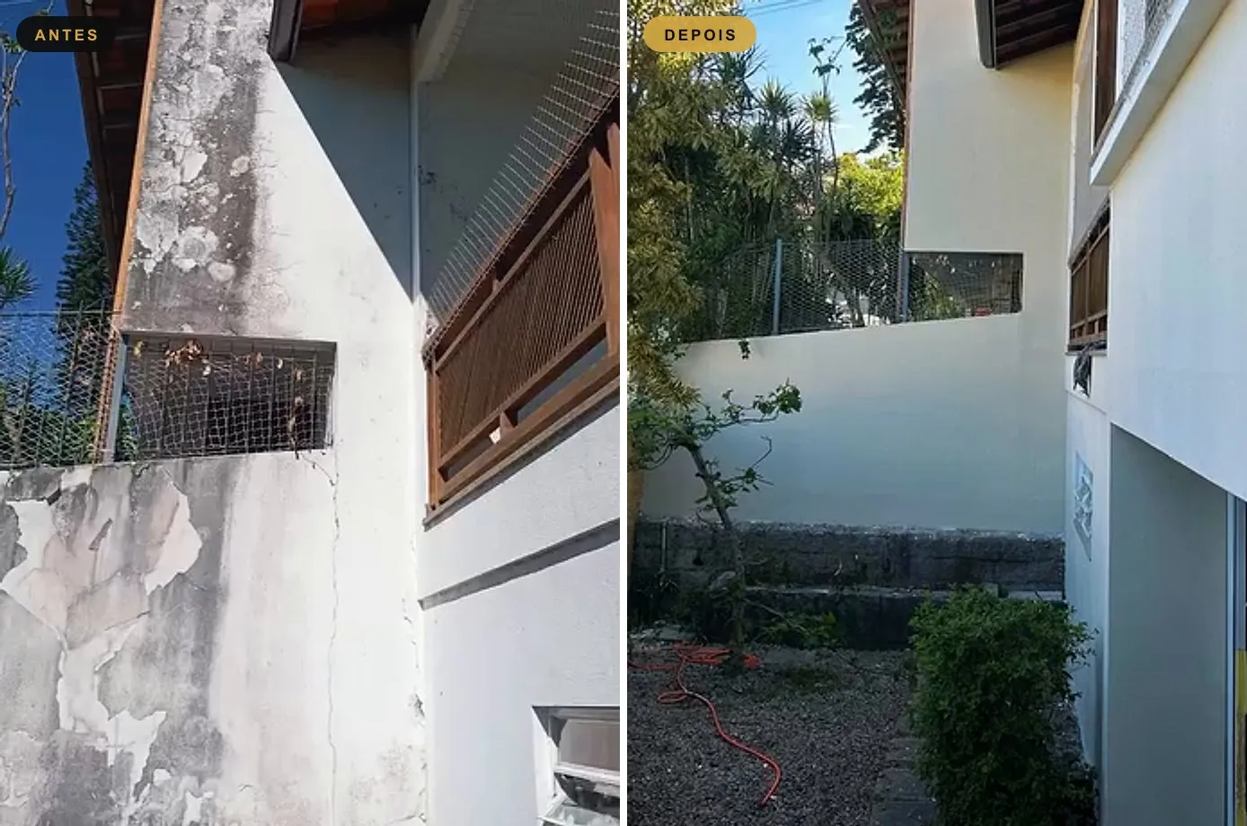 Antes e depois da lateral da casa: paredes manchadas e descascadas e depois pintadas