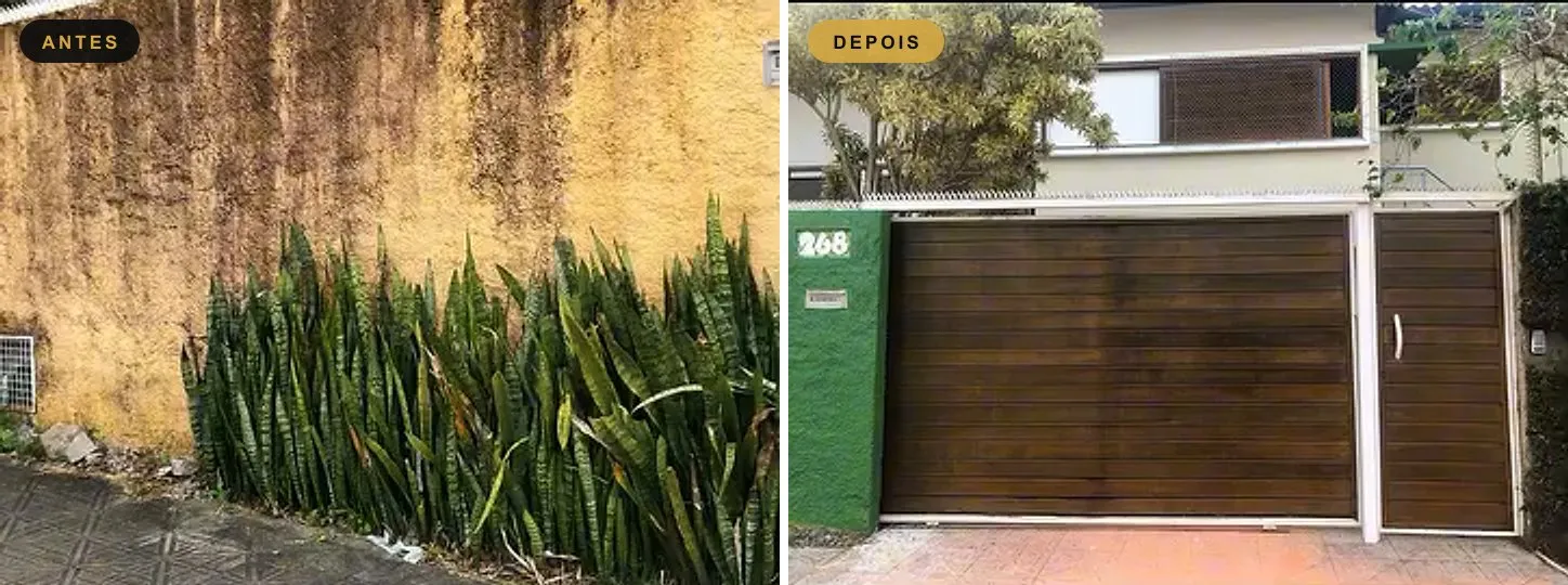 Antes e depois do muro da frente, amarelado e sujo antes e pintado com portão de madeira depois