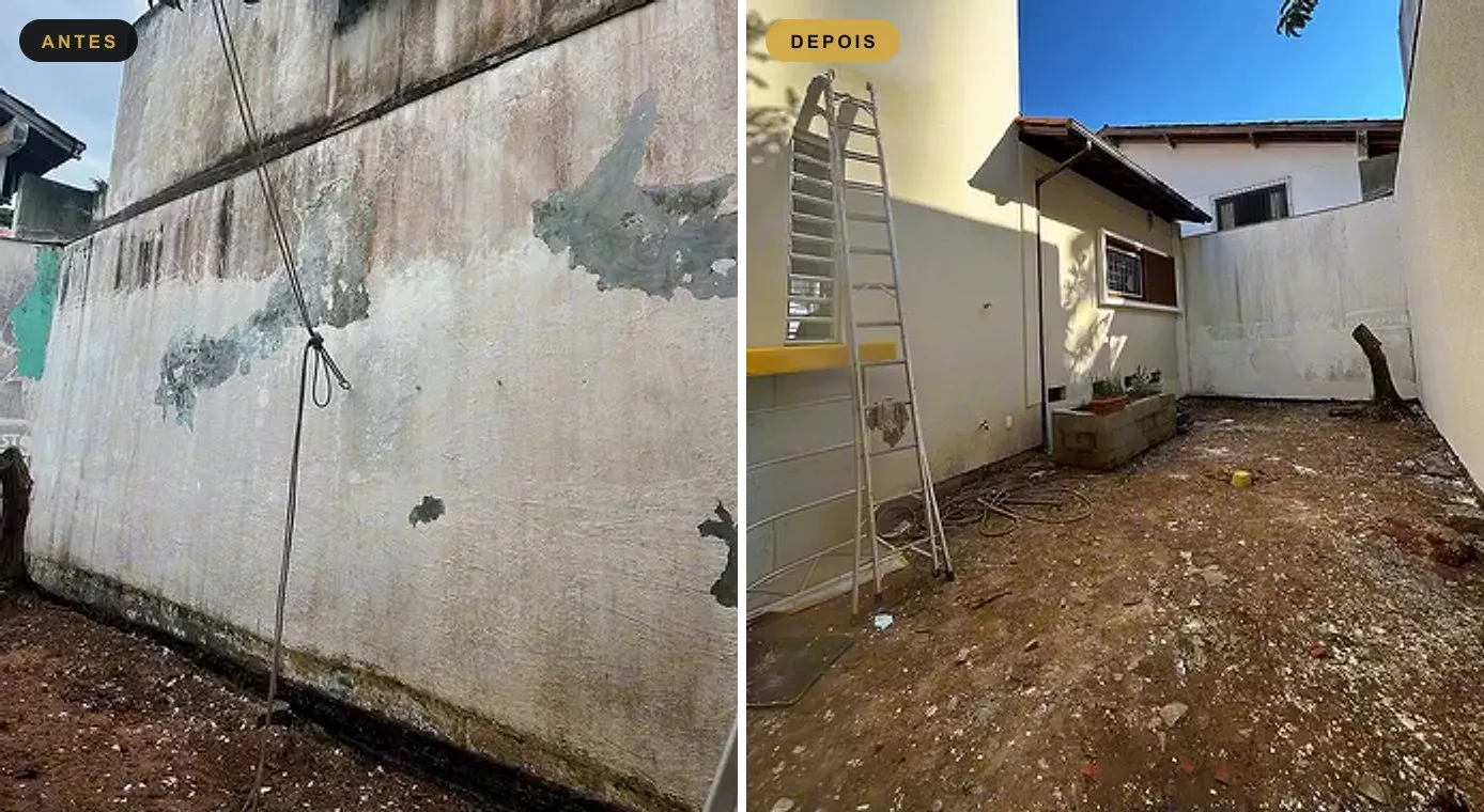 Antes e depois do muro dos fundos, descascado antes e pintado depois