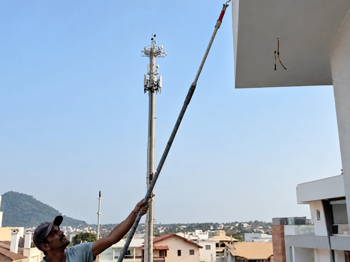 Pintor com rolo de extensão pintando o beiral de uma casa de alto padrão em Florianópolis, com o morro ao fundo