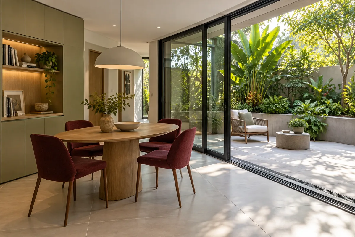 Conceito de ambiente ampliado com mesa de madeira, cadeiras vinho e portas de vidro voltadas para um jardim.
