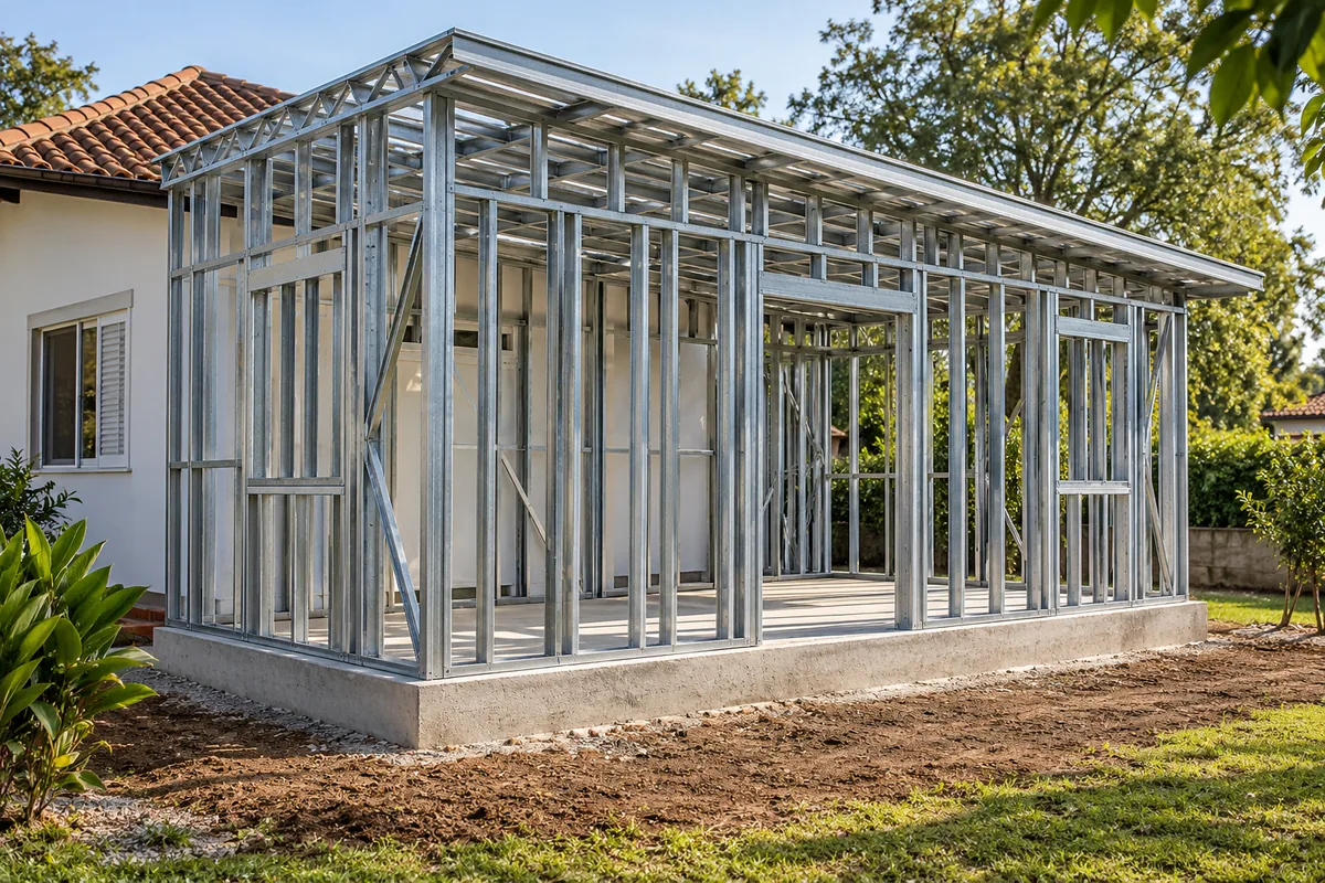 Conceito de estrutura térrea em perfis de aço galvanizado sobre base de concreto, junto a uma casa e jardim.