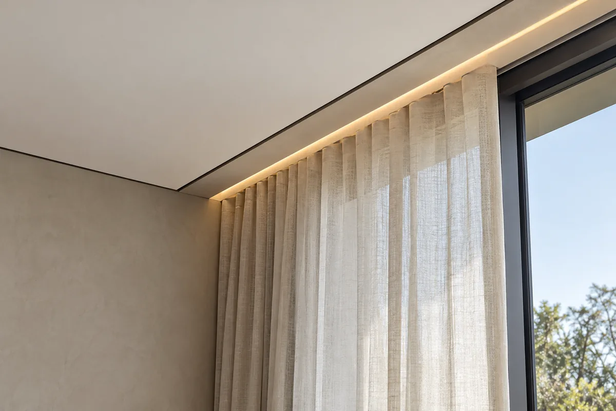 Conceito de encontro entre forro de drywall, parede clara e cortineiro embutido, com cortina de linho e iluminação discreta.