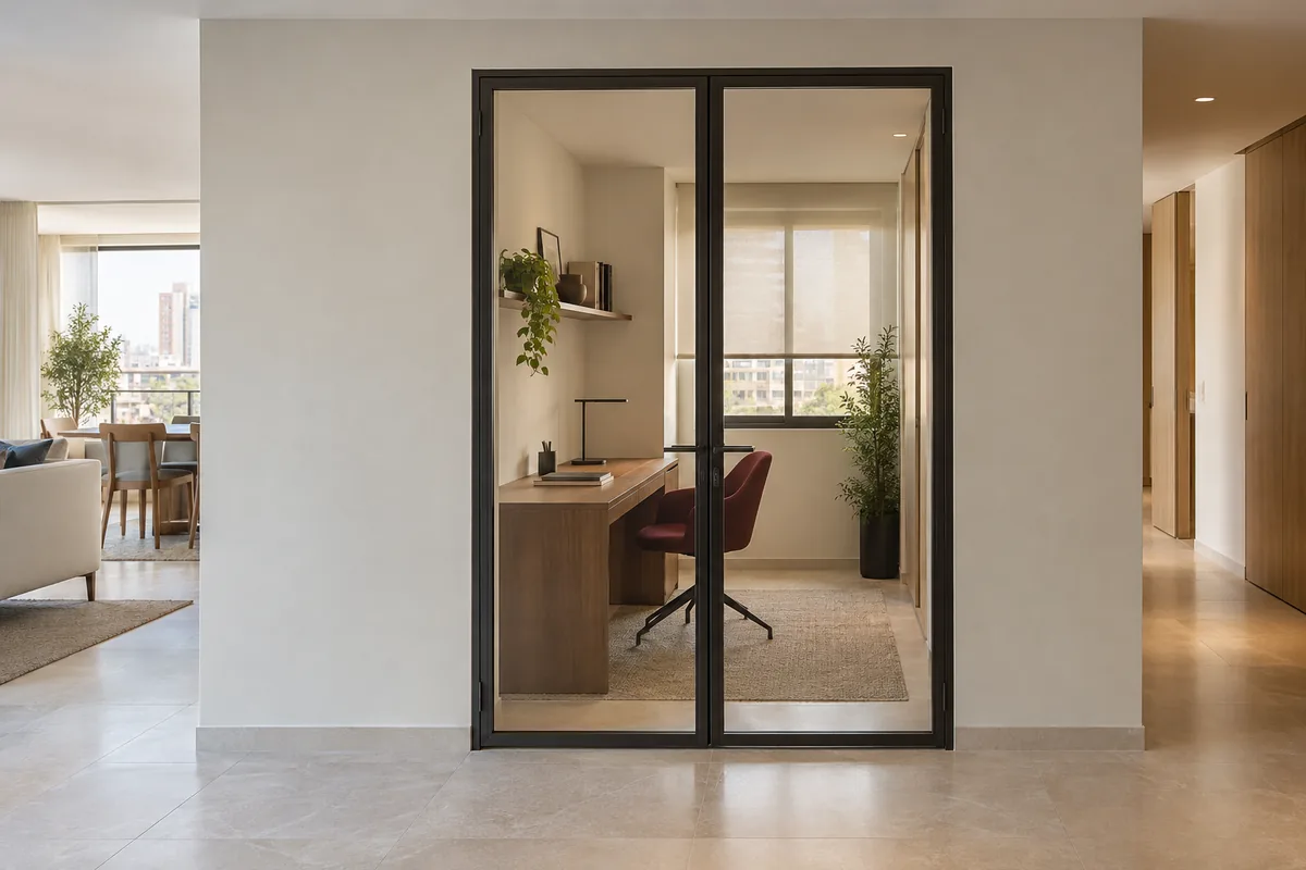 Conceito de home office delimitado por parede clara de drywall e porta de vidro com estrutura escura, com mesa de madeira e cadeira vinho.
