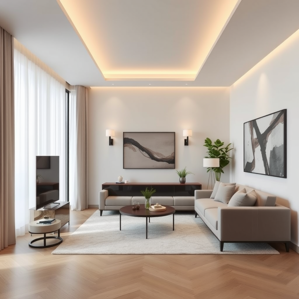 Exemplo de design moderno com drywall em um apartamento de luxo de Florianópolis, com iluminação embutida e nichos decorativos
