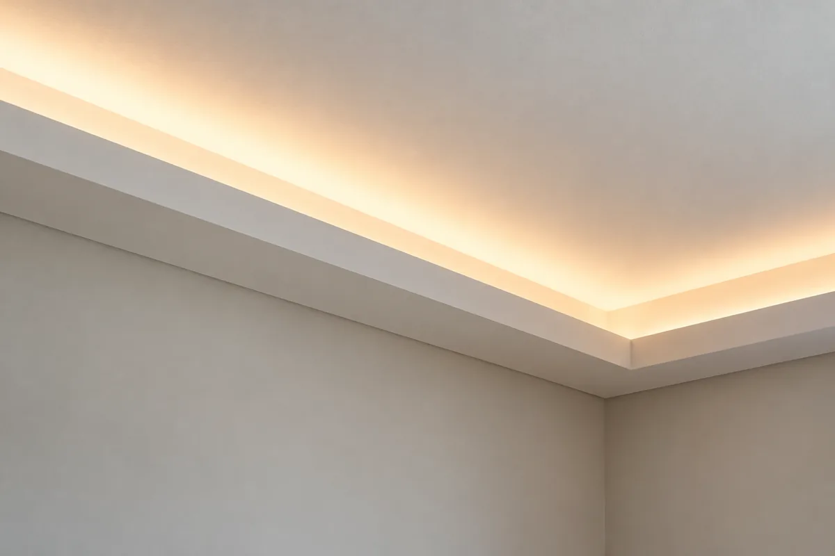 Conceito de sanca aberta de drywall junto ao teto, com abertura voltada para cima e luz indireta suave.