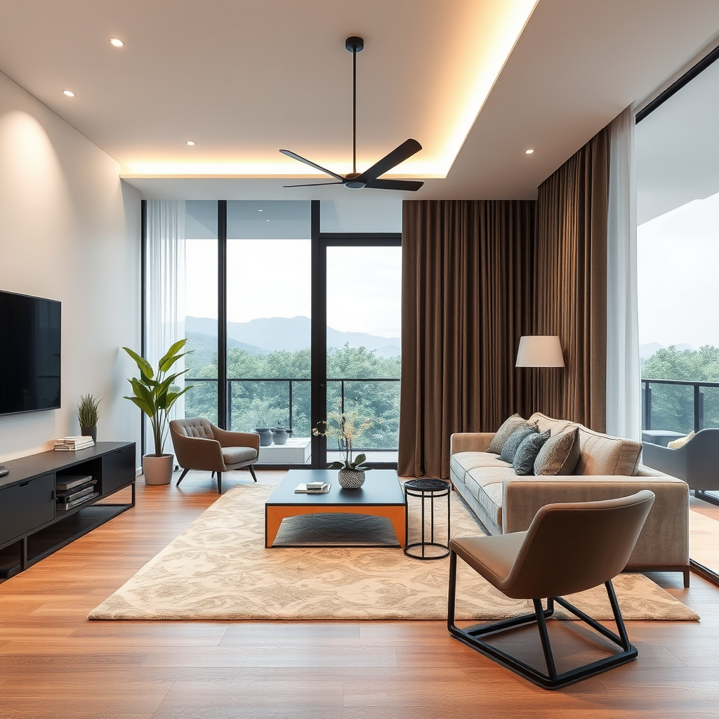 Cenário de um apartamento em Florianópolis com isolamento acústico de alta performance, mostrando materiais sofisticados e ambiente tranquilo