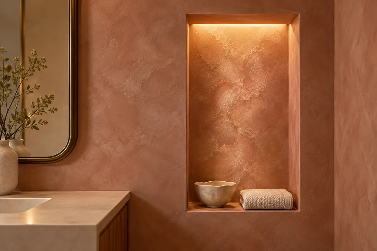 Conceito de nicho decorativo iluminado em tom terracota fora do box, com textura suave, peça cerâmica e toalha.