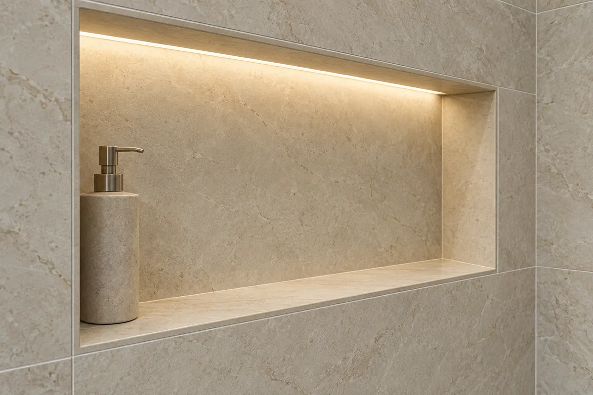 Conceito de nicho de porcelanato claro visto em detalhe, com iluminação superior discreta e encontros entre fundo, lateral e base.
