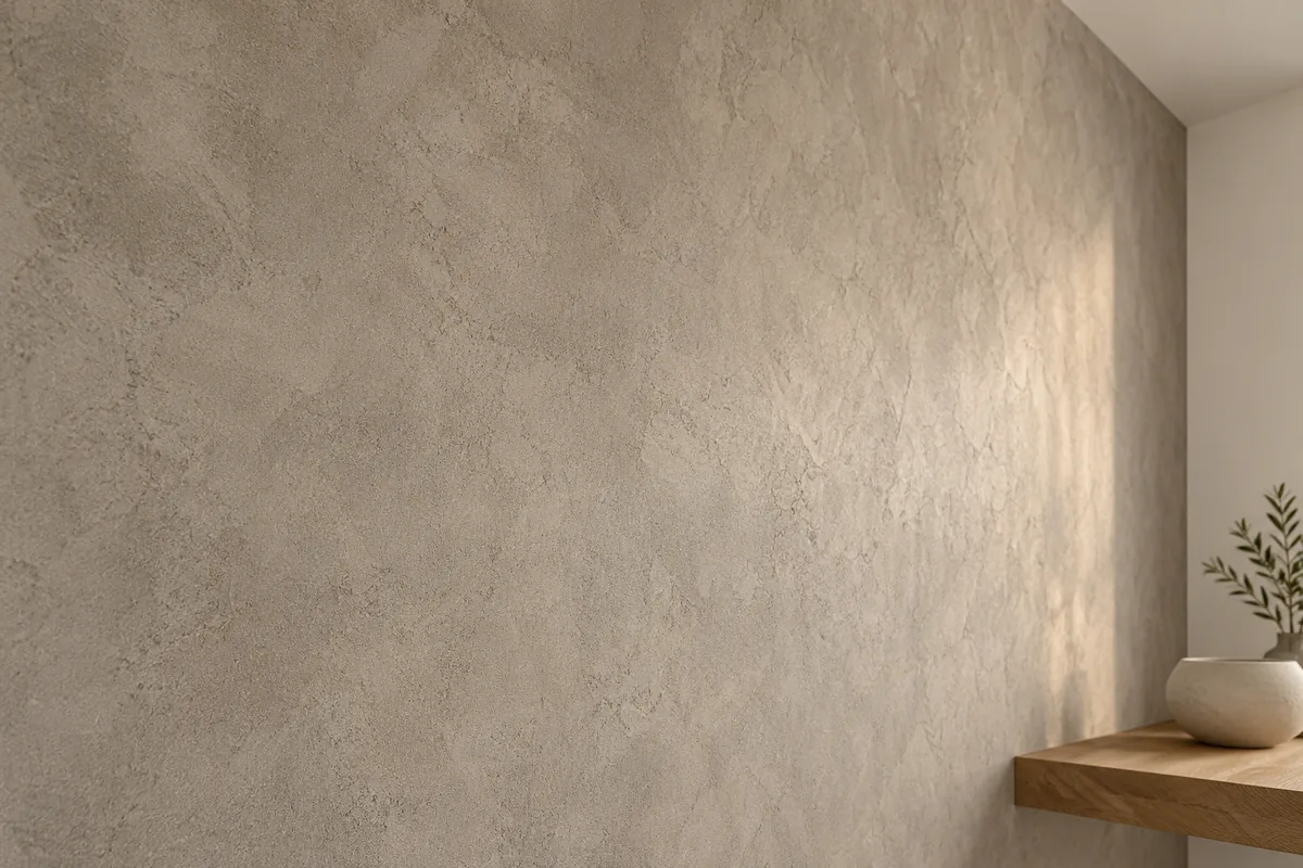 Conceito de detalhe de parede com efeito cimento queimado em tom bege-acinzentado, variação suave e iluminação lateral.