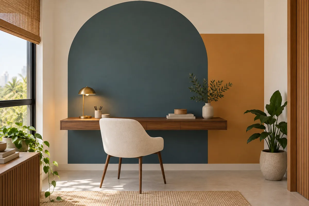 Conceito de home office com arco azul-petróleo e bloco ocre pintados em uma parede clara, com mesa de madeira e cadeira neutra.