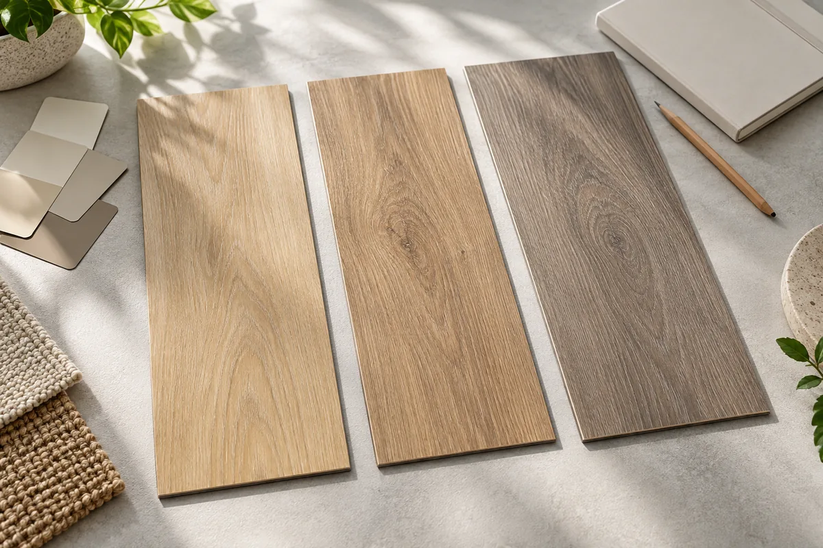 Conceito de seleção de amostras de piso vinílico amadeirado em três tonalidades sobre uma mesa clara.