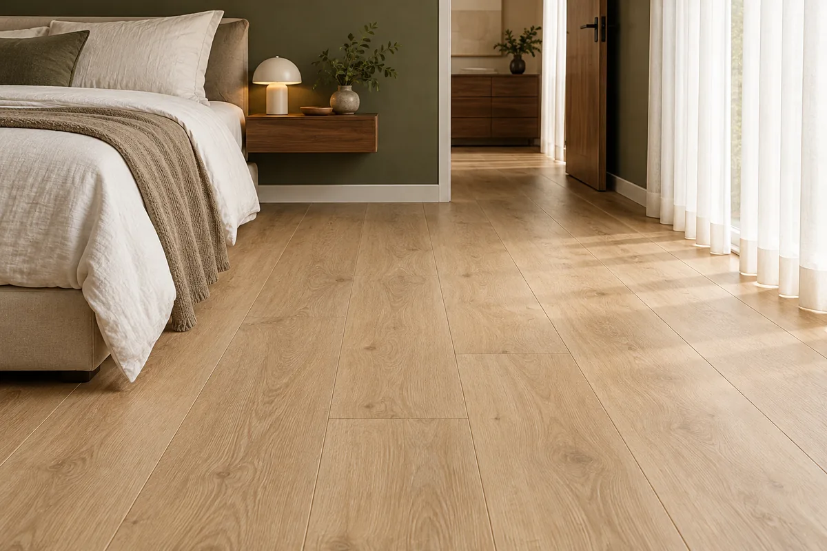 Conceito de quarto com piso vinílico claro de aparência amadeirada, parede verde-oliva e iluminação natural filtrada por cortinas.