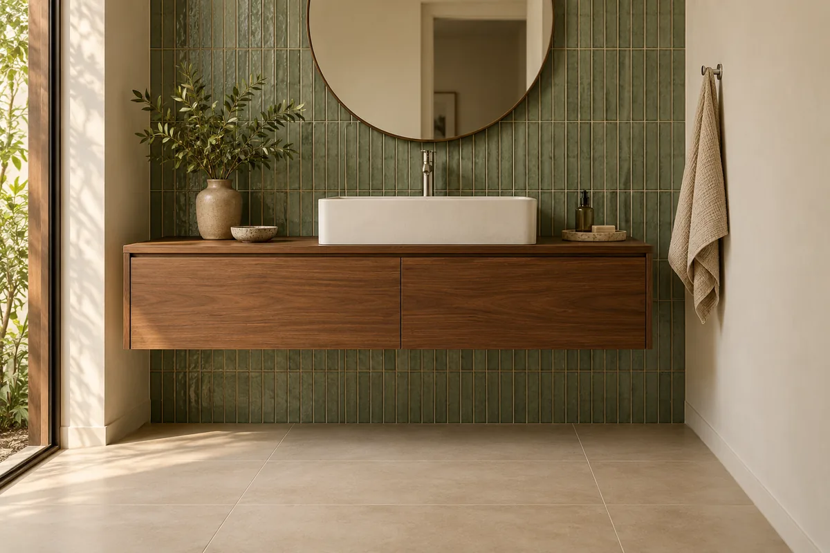 Conceito de bancada de banheiro com cerâmica verde em peças verticais na parede, gabinete de madeira e piso de porcelanato bege.
