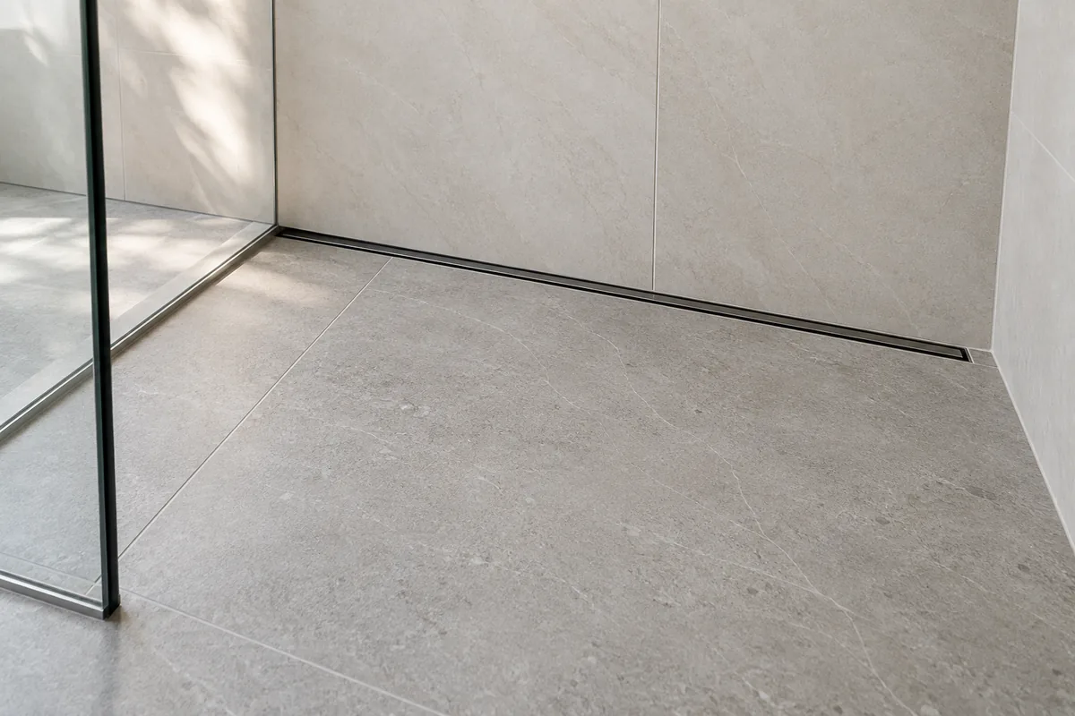 Conceito de detalhe do piso de porcelanato claro em um box, com juntas discretas, ralo linear e painel de vidro.