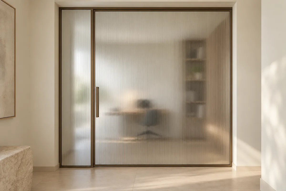 Conceito de porta de correr em vidro canelado com perfil bronze separando uma circulação de um espaço de trabalho.