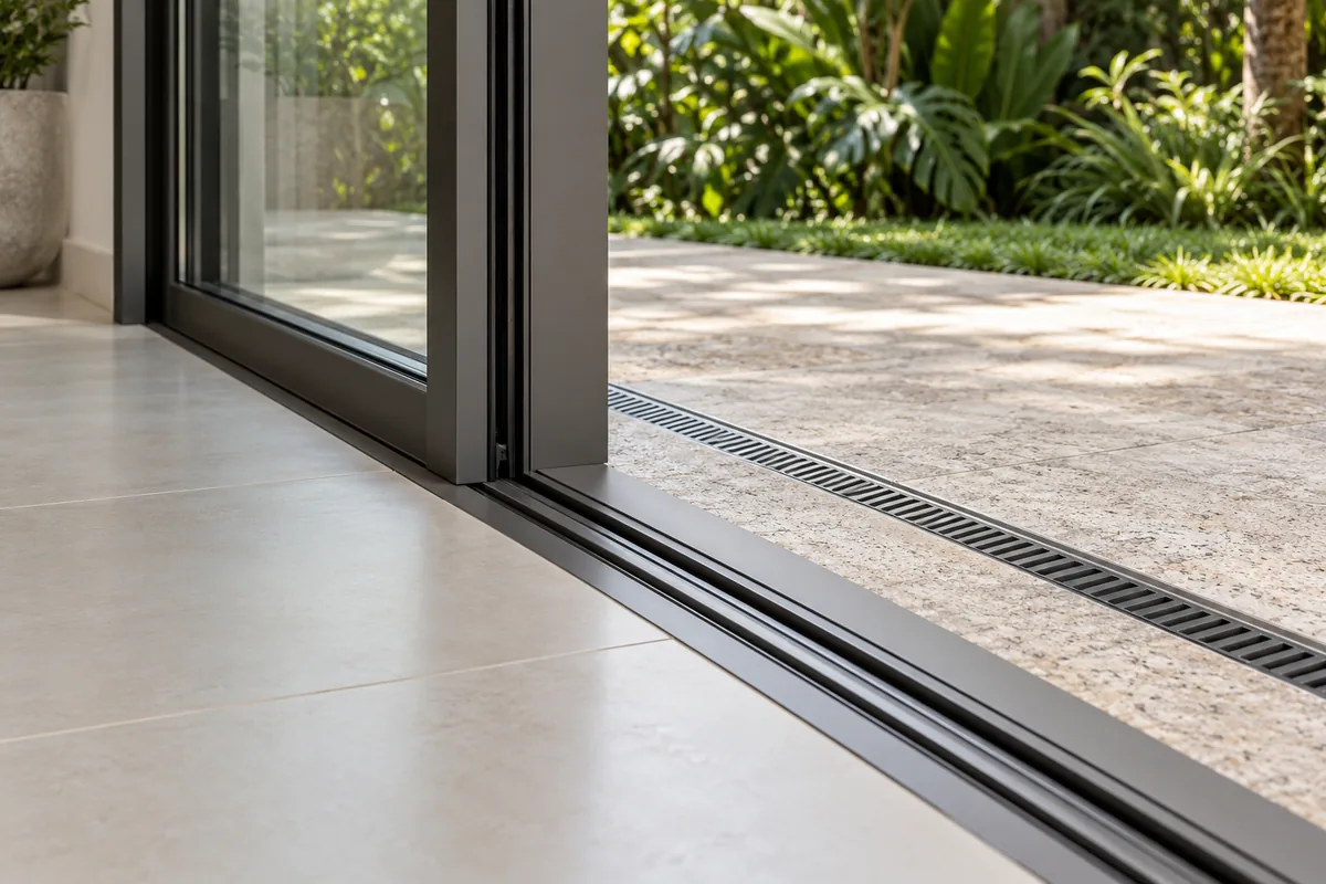 Conceito de detalhe do trilho inferior de uma porta de vidro de correr, com piso claro e canaleta do lado externo junto ao jardim.