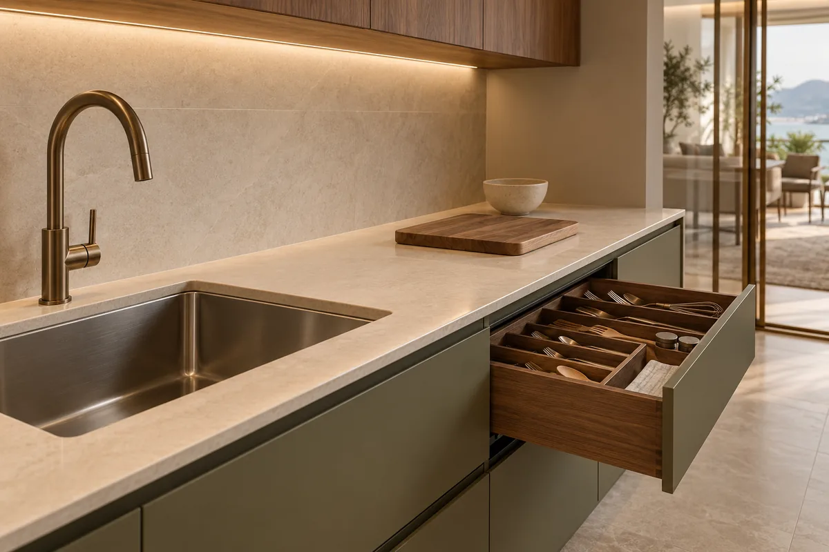 Conceito de bancada clara de cozinha com cuba de inox, gaveta organizada, armários verde-oliva e iluminação sob a marcenaria.