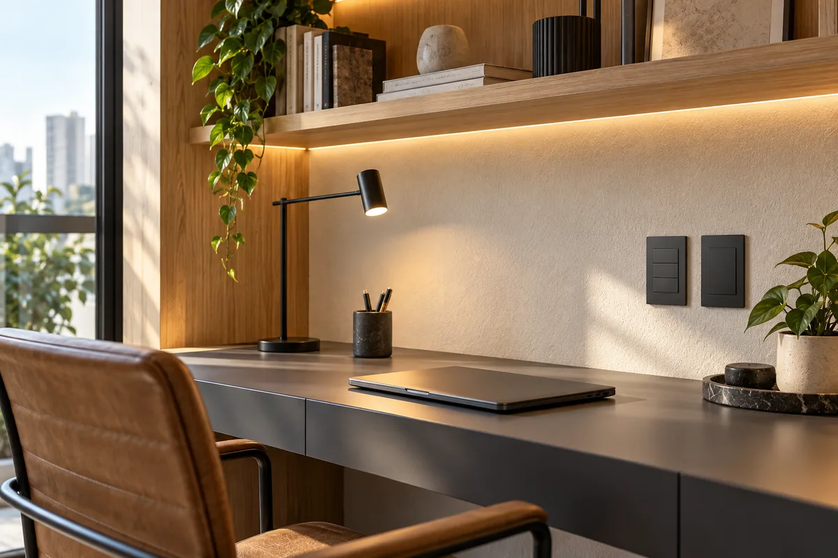 Conceito de home office com bancada grafite, estante de madeira clara, iluminação integrada e comandos de parede discretos.