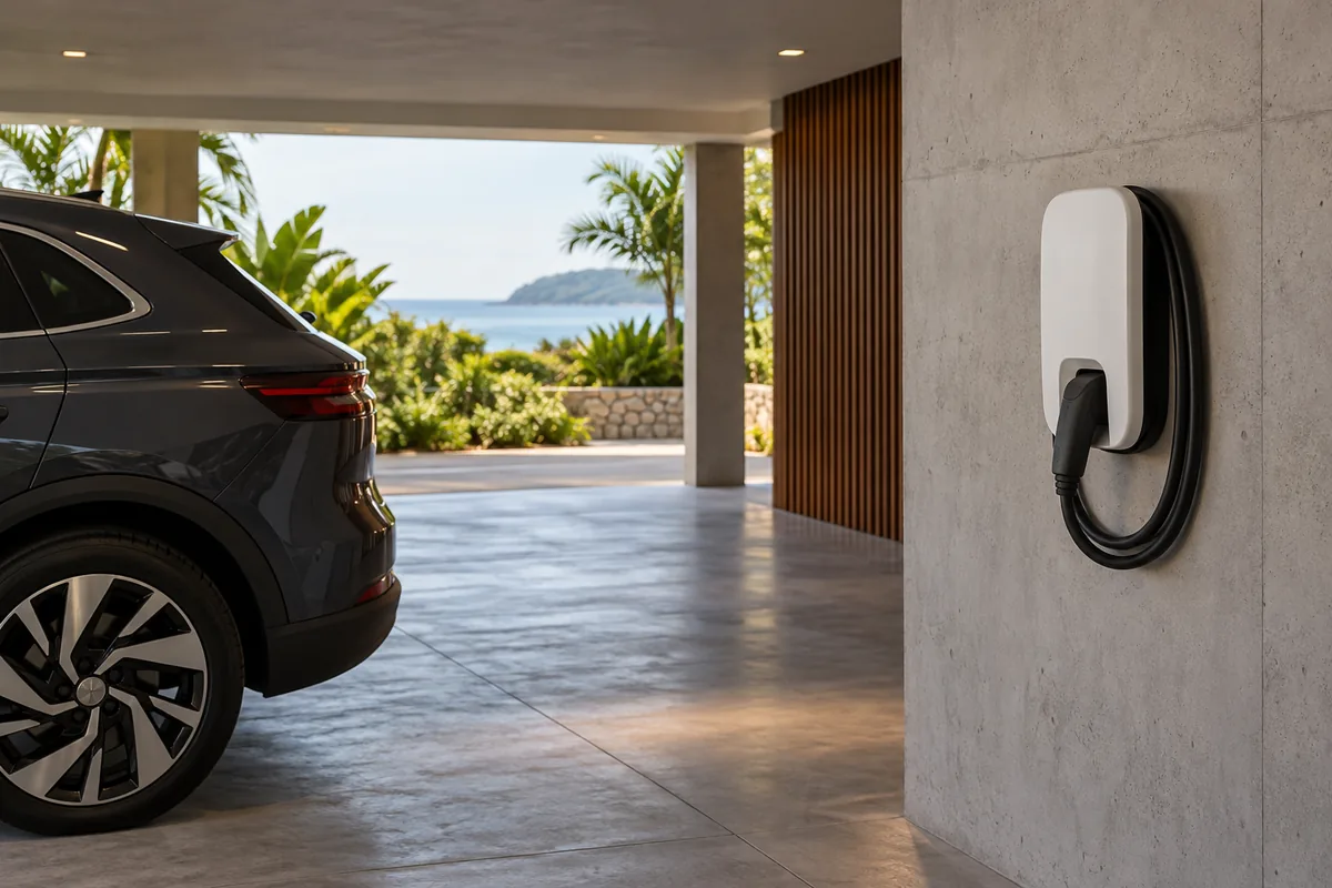 Conceito de garagem residencial com carregador de veículo elétrico fechado, cabo recolhido e carro estacionado ao lado.