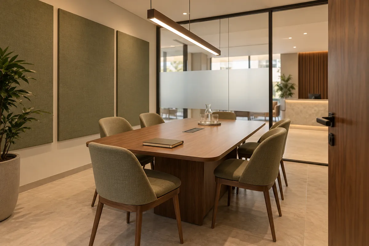 Conceito de sala de reuniões com mesa de madeira, painéis revestidos em tecido verde-oliva, luminária linear e divisória de vidro com faixa fosca.
