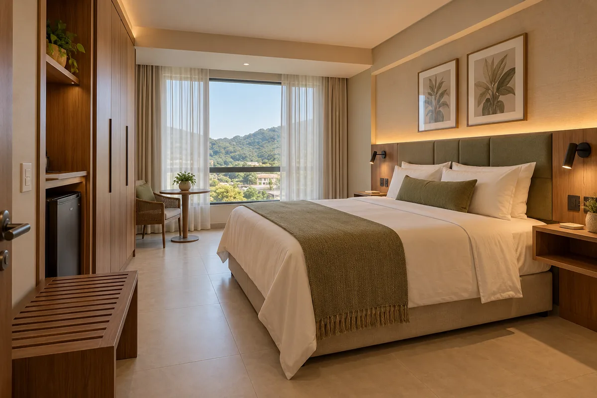 Conceito de quarto de hotel renovado com cabeceira verde-oliva, marcenaria de madeira, iluminação de leitura e piso claro.