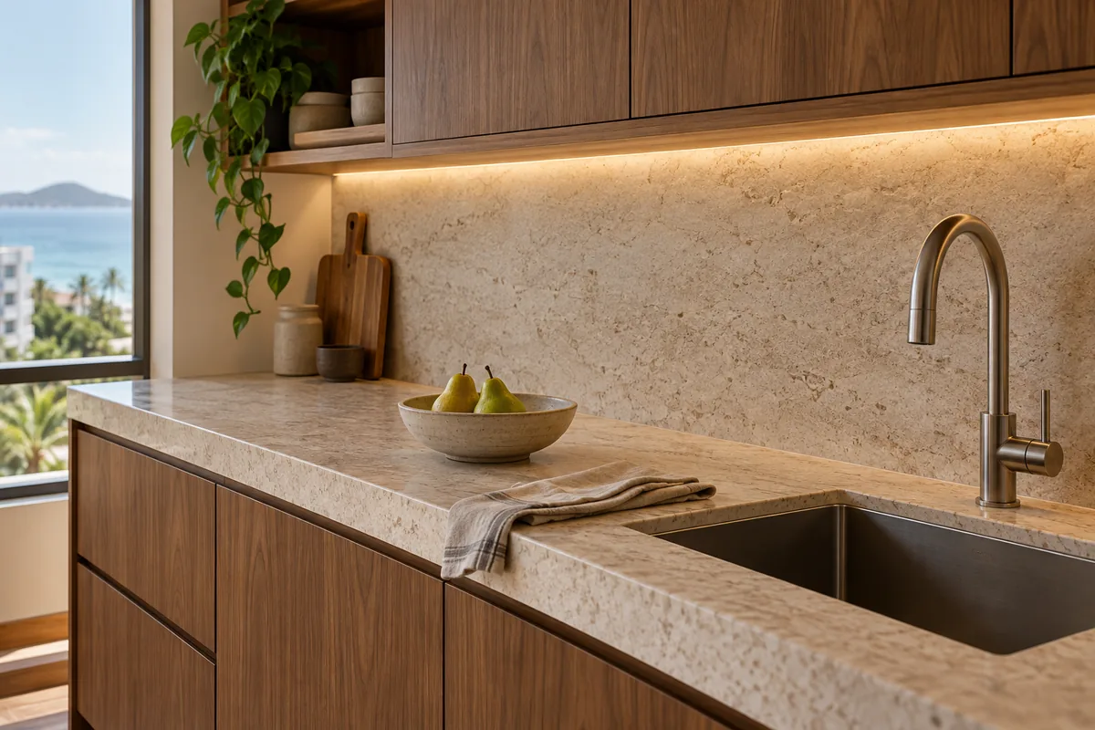 Detalhe ilustrativo de cozinha renovada com bancada clara, armários de madeira e iluminação linear sob os armários superiores.