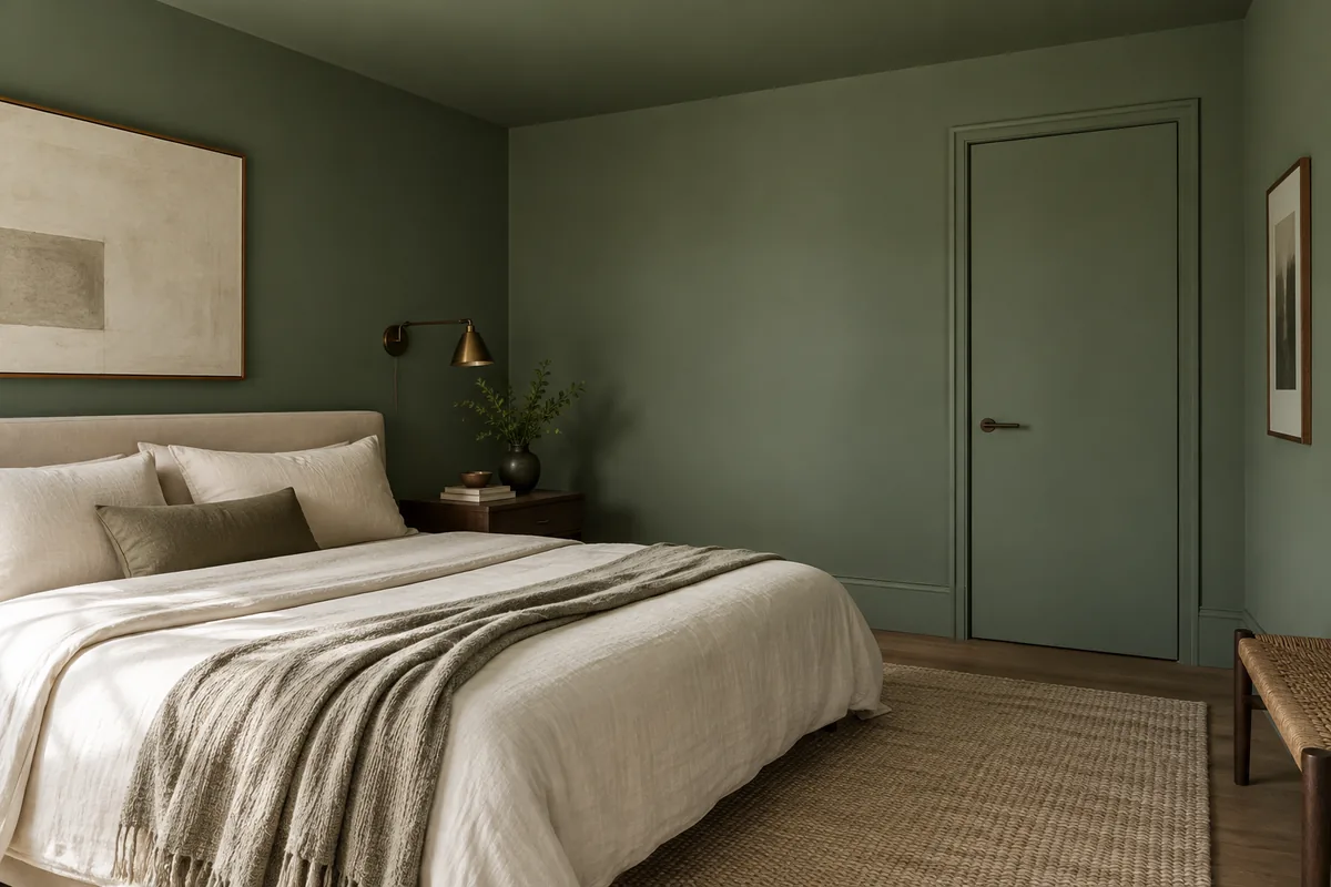 Ilustração de quarto com paredes, teto e porta em verde suave, cama com roupa clara e iluminação de leitura.