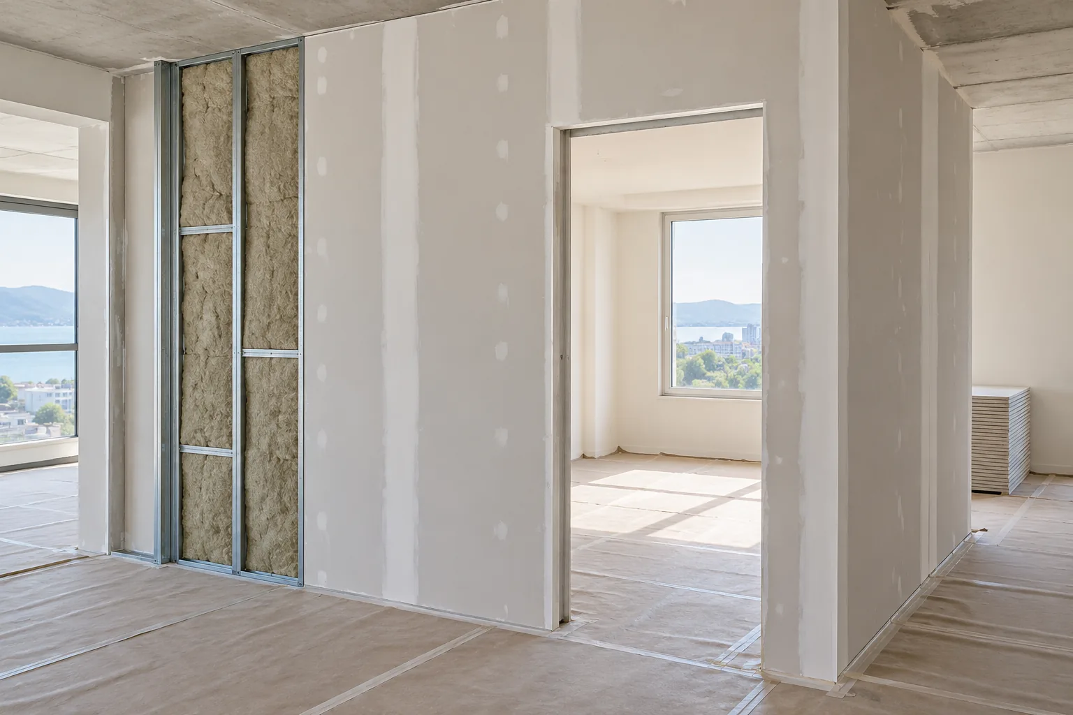 Conceito de divisória de drywall em execução, com vão de porta, chapas com juntas tratadas e trecho de estrutura metálica aparente.