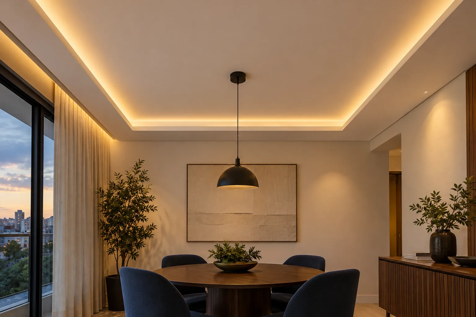 Conceito de forro de drywall rebaixado em sala de jantar, com vão perimetral iluminado, pendente escuro e cadeiras azuis.