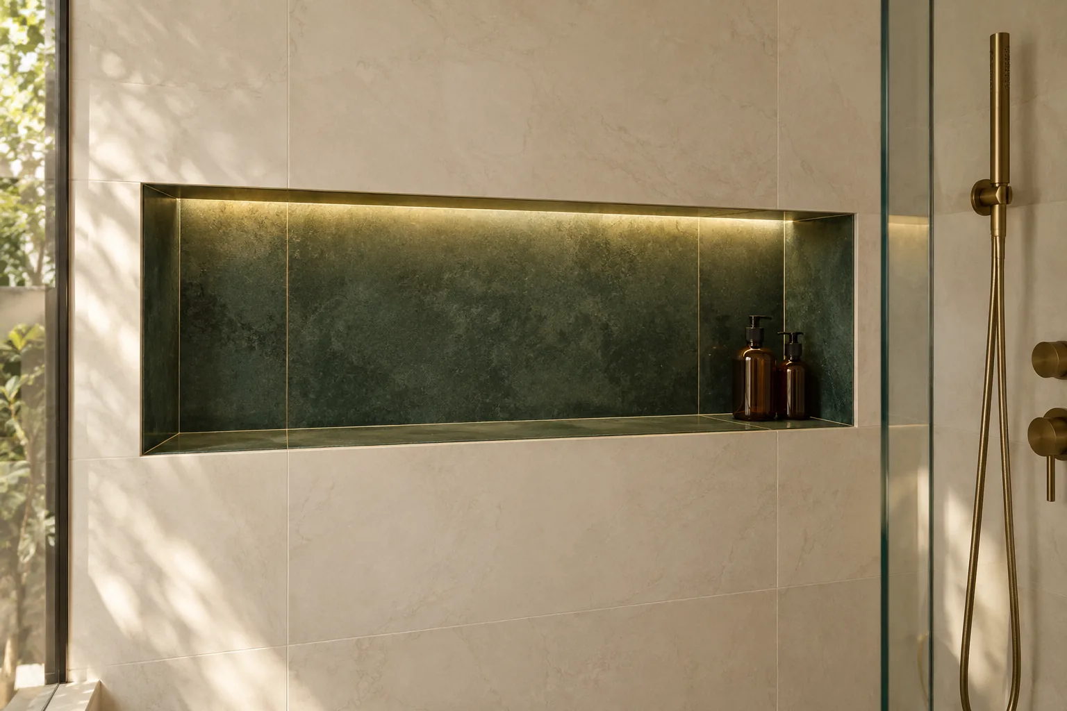 Conceito de nicho horizontal iluminado com revestimento verde e metais dourados em banheiro com porcelanato claro.