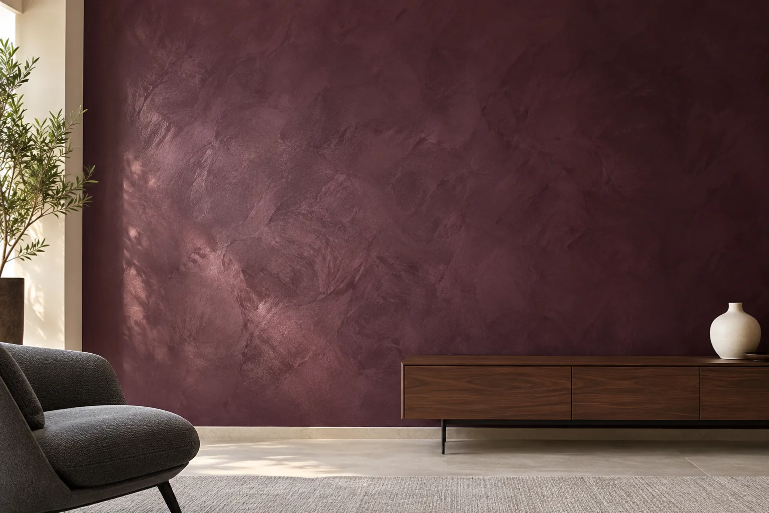Inspiração de pintura decorativa aveludada em tom ameixa, com luz natural e mobiliário de madeira