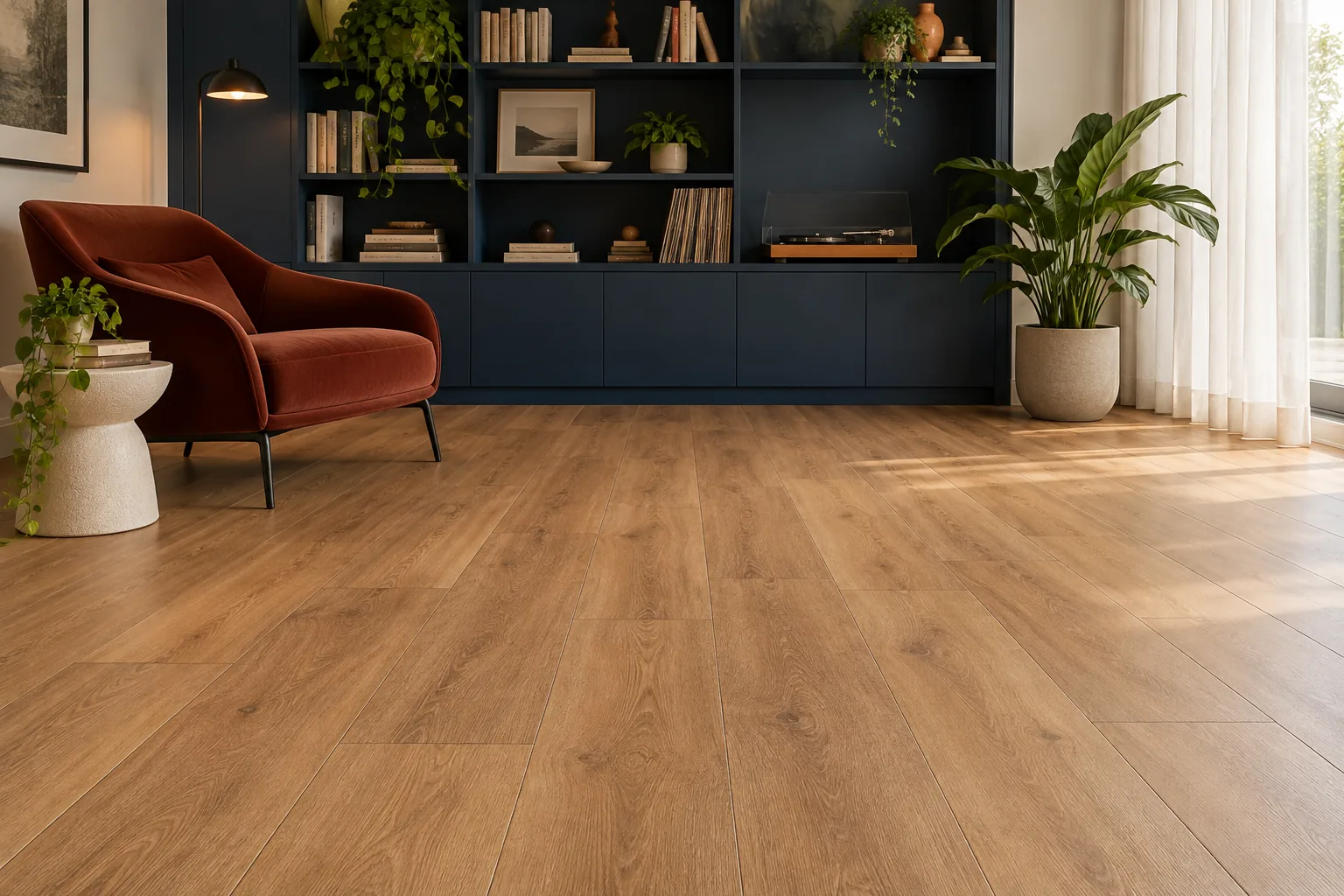 Conceito de sala de leitura com piso vinílico de aparência amadeirada, estante azul-escura e poltrona terracota sob luz natural.