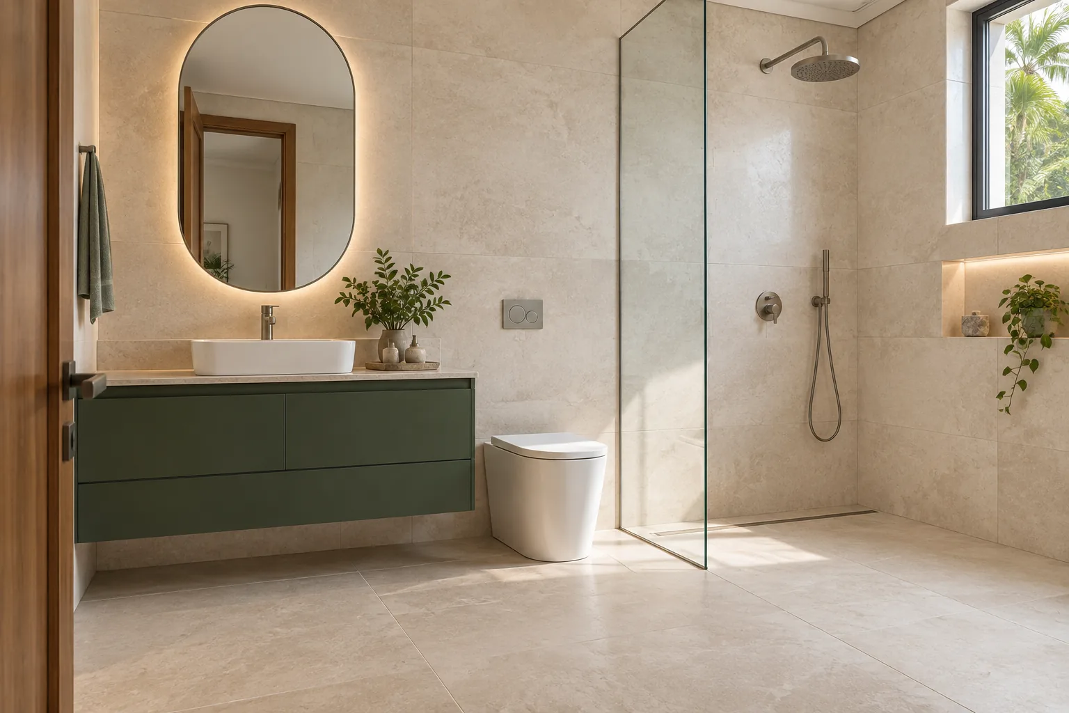 Conceito de banheiro com porcelanato claro no piso e nas paredes, gabinete verde e box de vidro com iluminação natural.