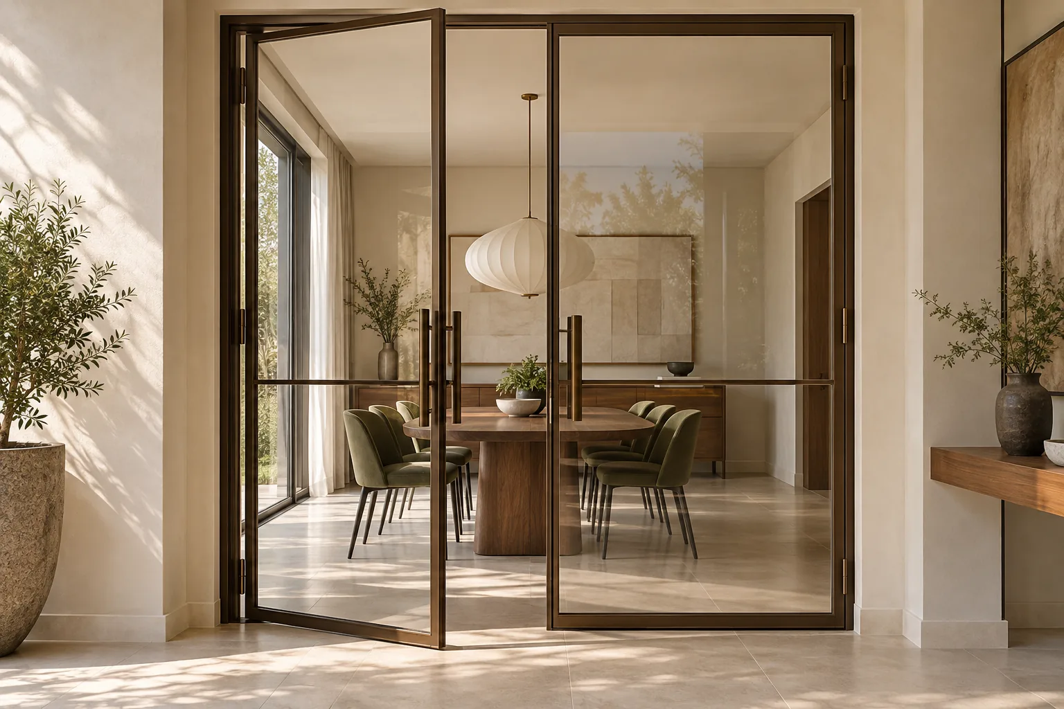 Conceito de portas de vidro de abrir com perfis bronze e puxadores verticais entre um hall e uma sala de jantar contemporânea.