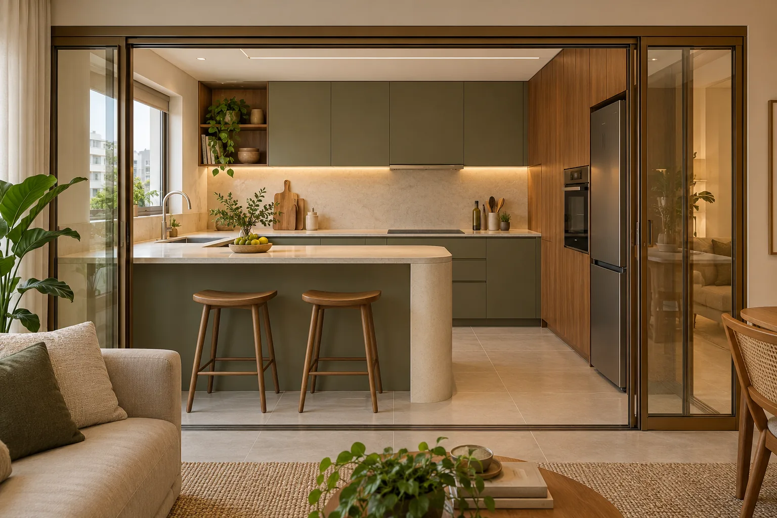 Conceito de cozinha com armários verde-oliva, madeira, bancada clara e portas de vidro de correr conectando o ambiente à sala.