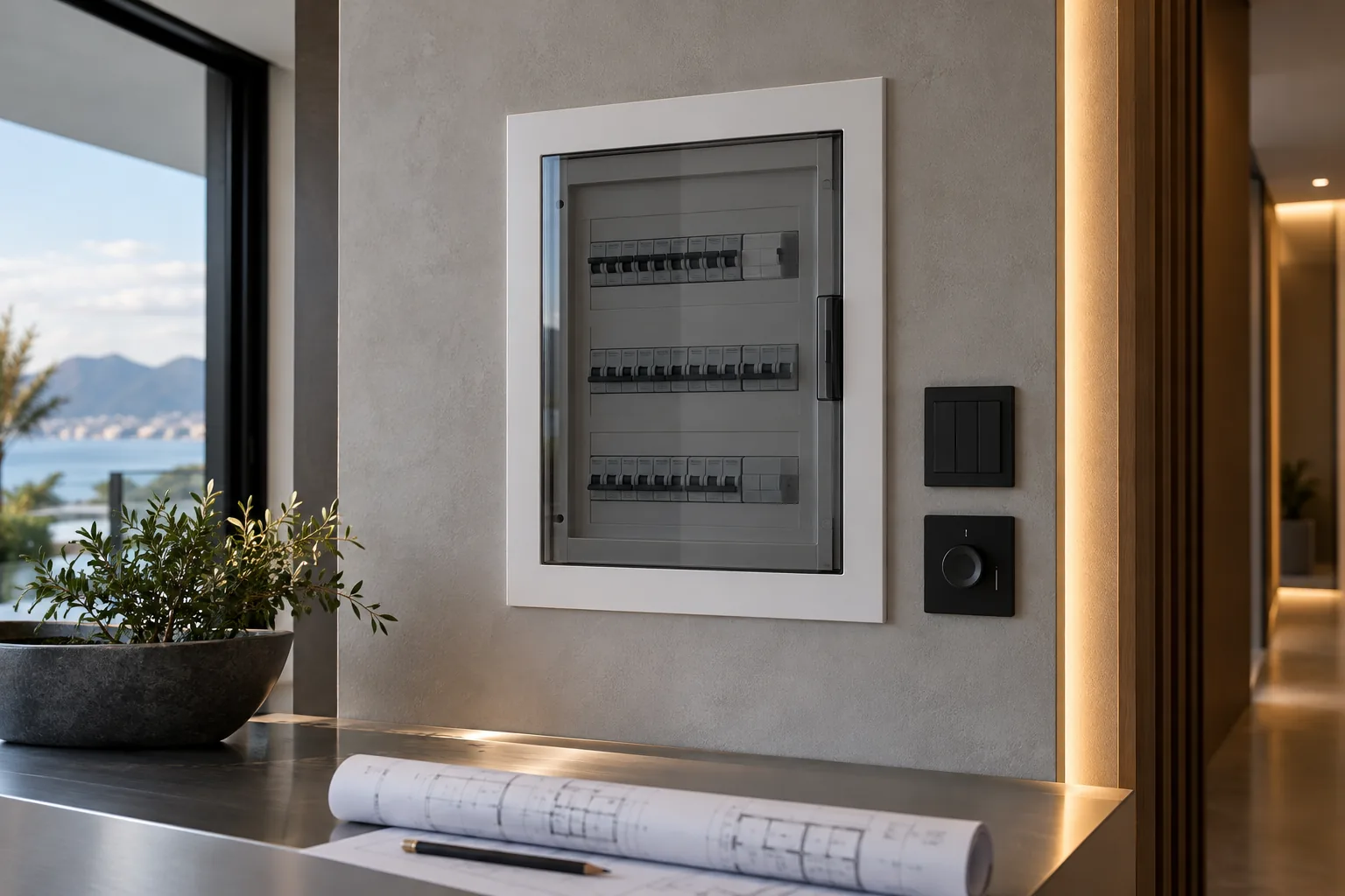 Conceito de nicho técnico residencial com quadro elétrico fechado, comandos pretos e planta de arquitetura sobre uma bancada.