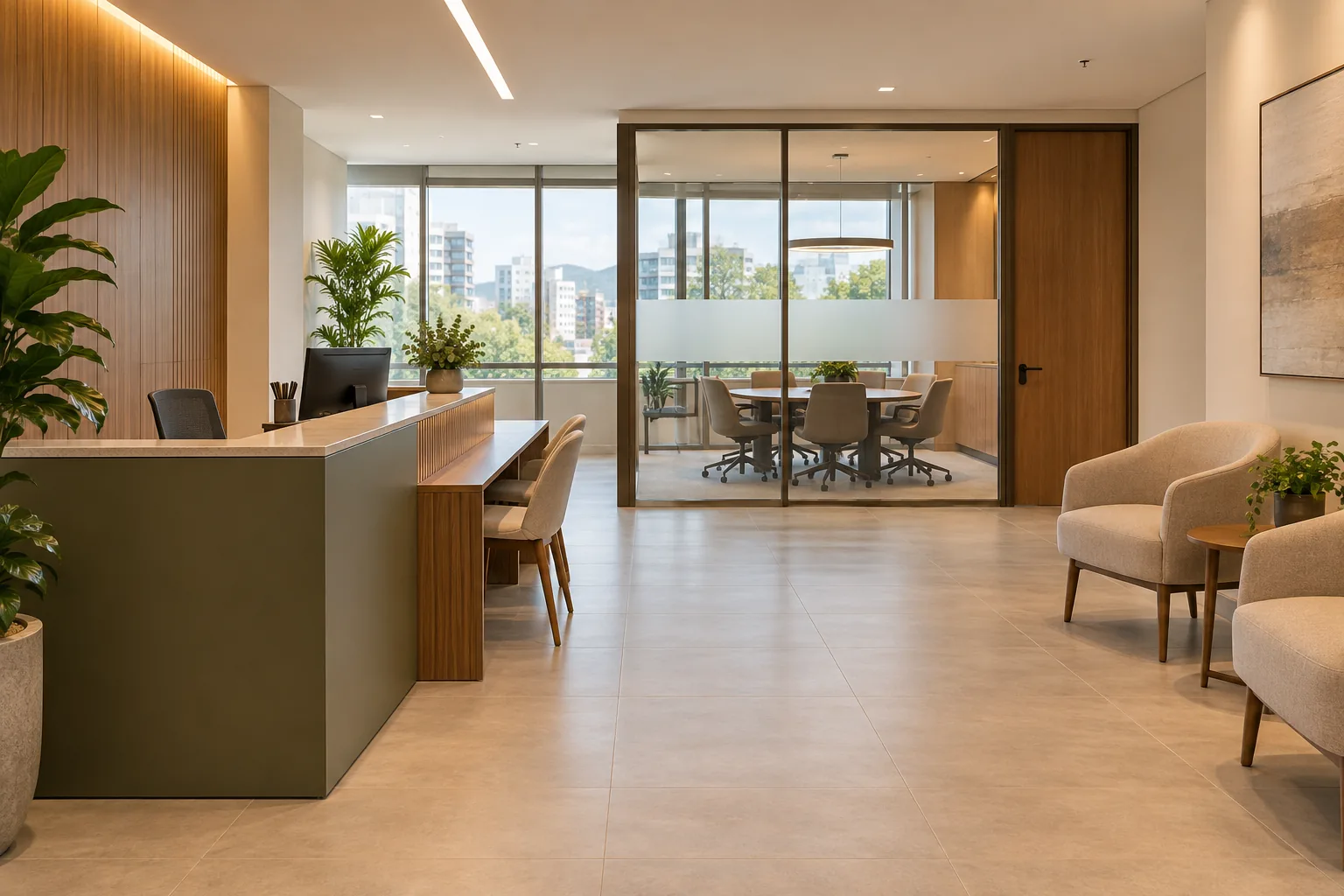 Conceito de recepção de escritório com balcão verde-oliva, madeira, assentos de espera e sala de reuniões com divisória de vidro.