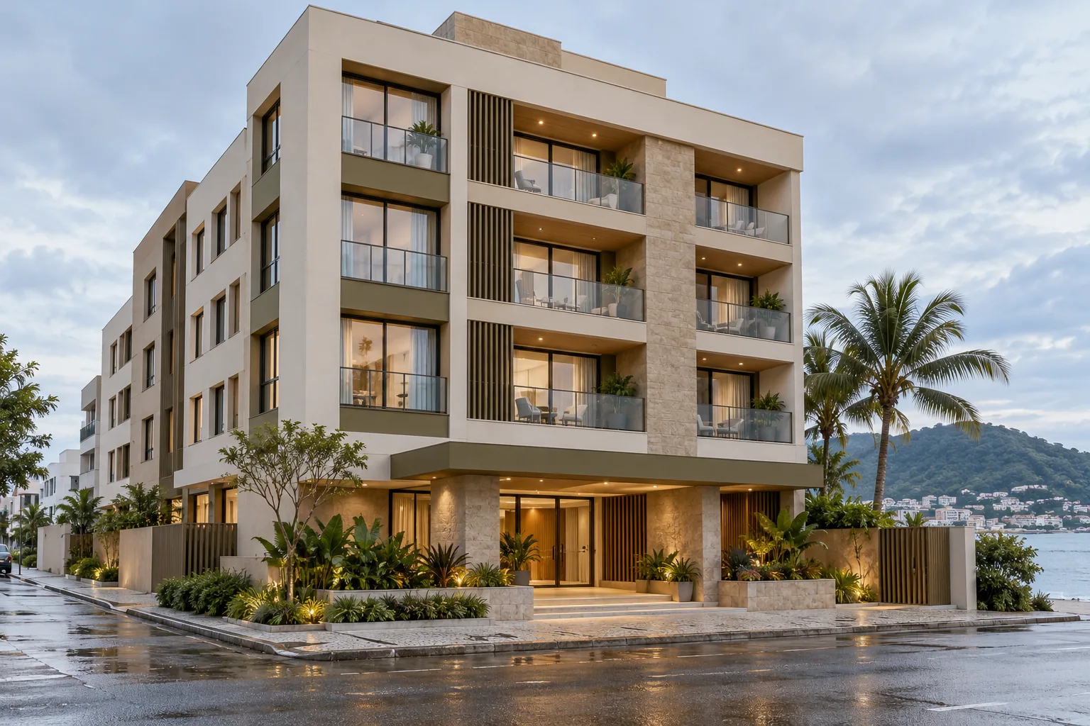 Conceito de hotel com fachada renovada em tons claros, esquadrias de bronze, varandas e entrada com paisagismo.