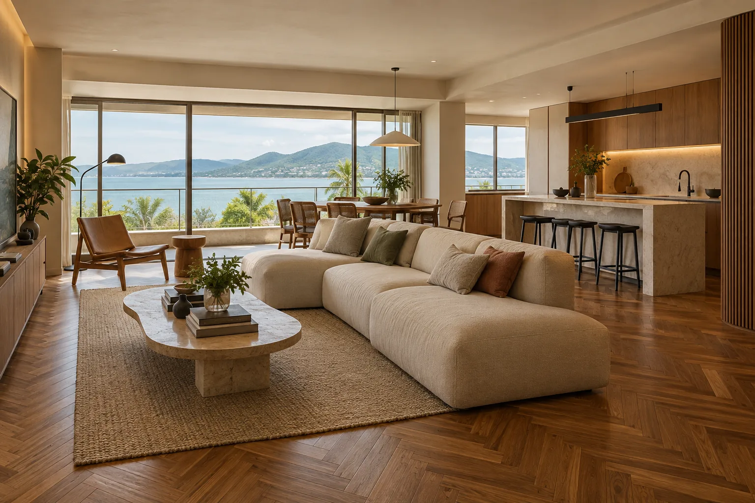 Conceito de apartamento renovado com piso de madeira preservado, sala integrada e cozinha contemporânea com vista para uma baía.