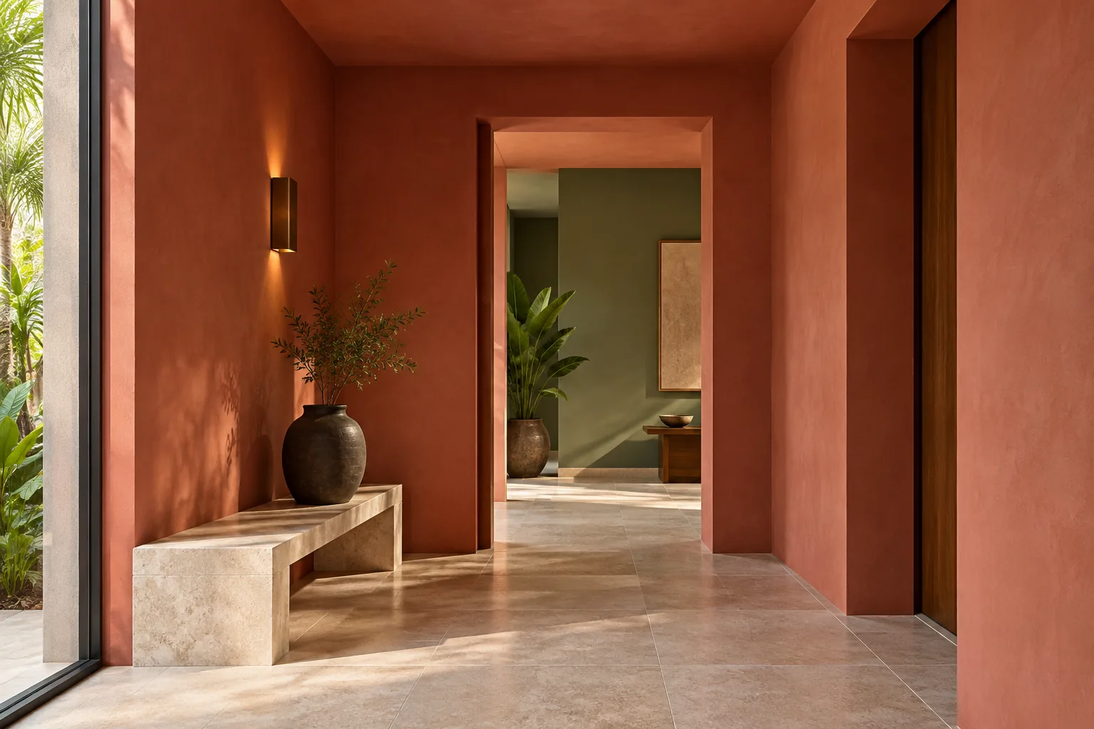 Conceito de hall com paredes e teto em tom de argila rosada, passagem para ambiente verde e banco de pedra clara.