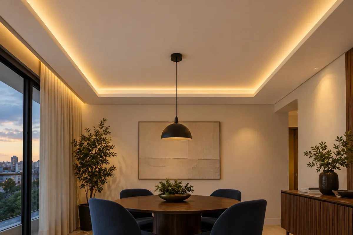 Inspiração de forro em drywall com sanca iluminada e cortineiro em uma sala de jantar acolhedora
