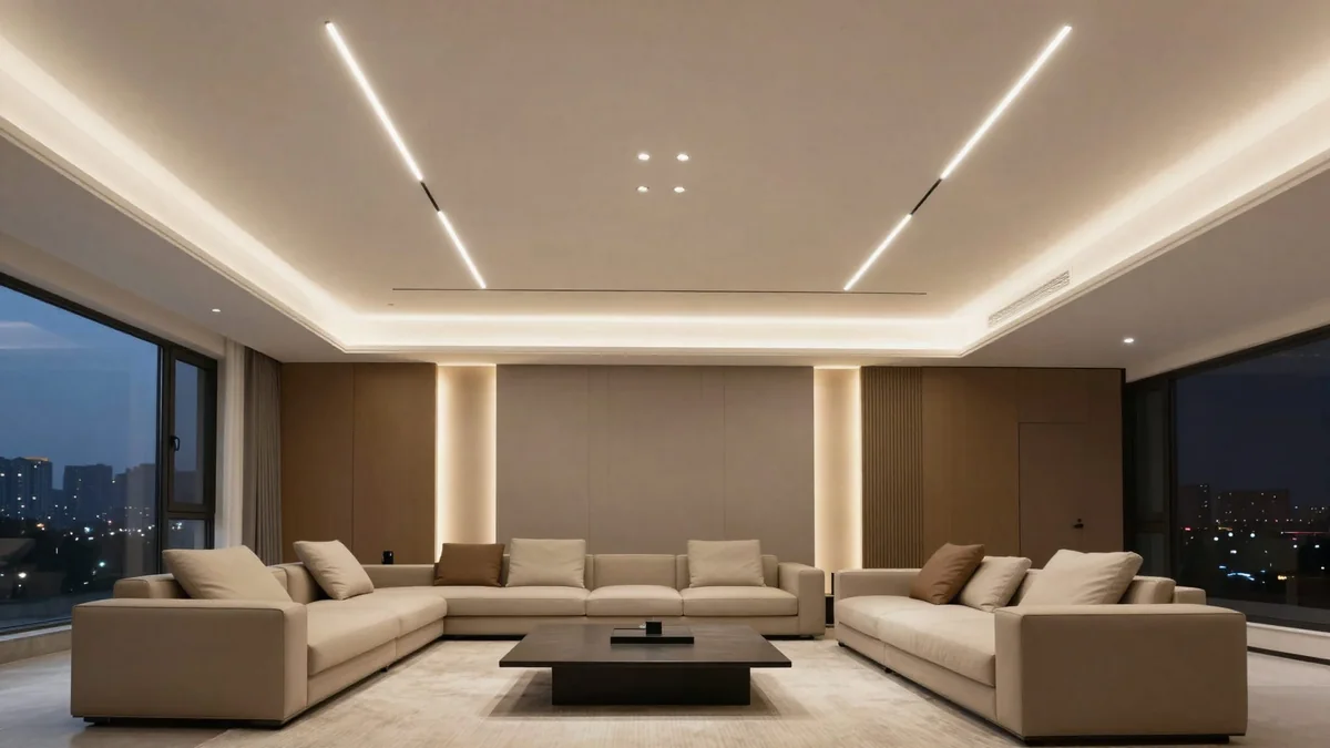 Inspiração de sala com iluminação indireta, perfis lineares e luz acolhedora valorizando os acabamentos