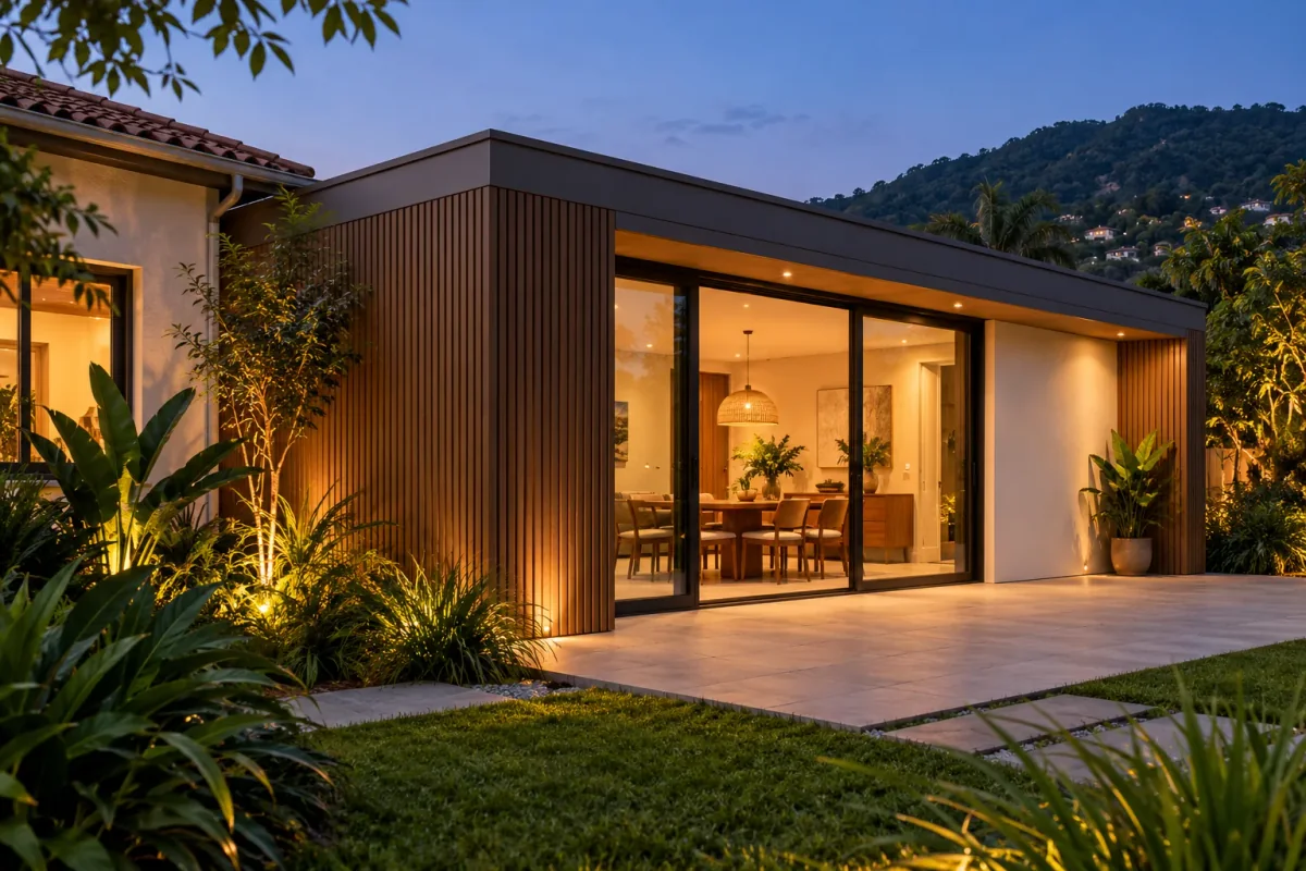 Inspiração de ampliação residencial em steel frame com fachada contemporânea, madeira e grandes aberturas