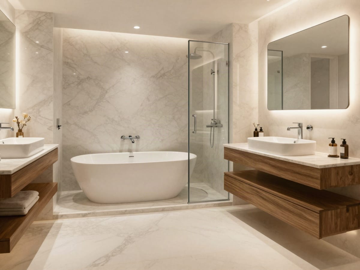 Banheiro com porcelanato de aparência marmorizada no piso e nas paredes