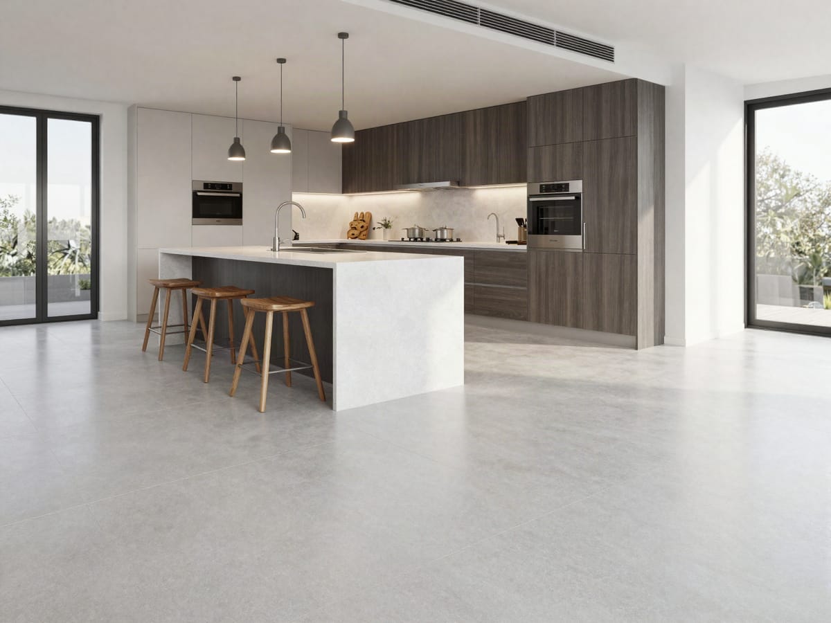 Cozinha com piso de porcelanato cinza em grandes formatos e ilha clara