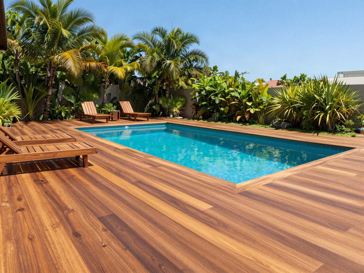 Referência de deck de madeira ao redor de piscina em jardim