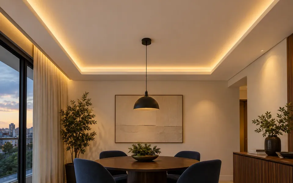 Conceito de sala de jantar com forro de drywall, sanca iluminada e cortineiro